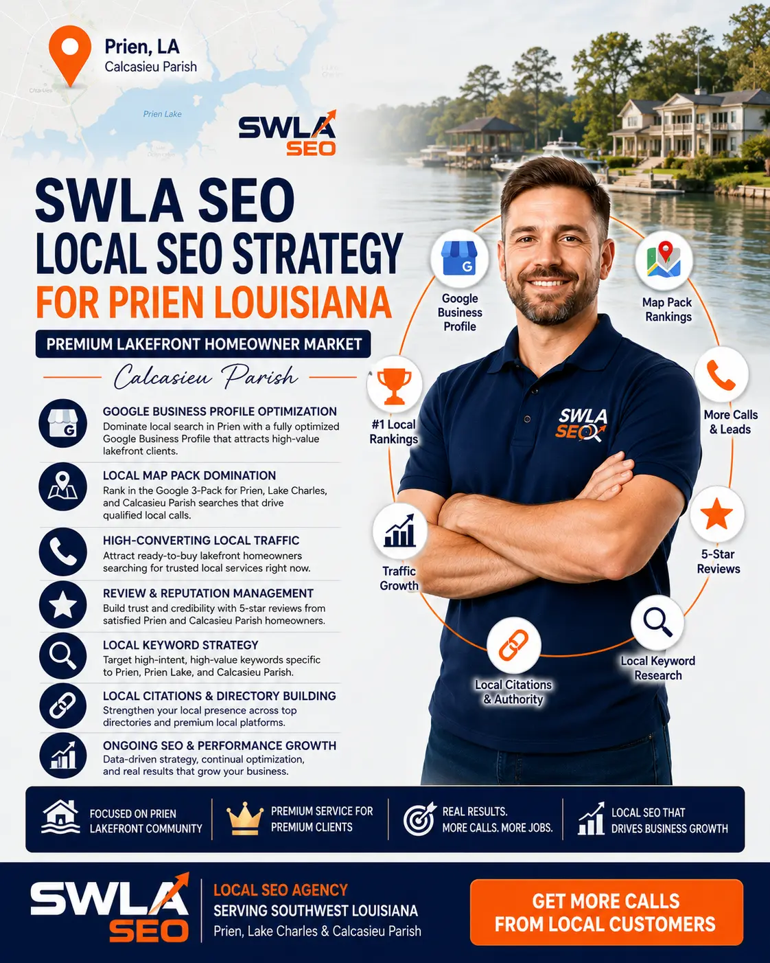 SWLA SEO local SEO strategy for Prien Louisiana premium lakefront homeowner market Calcasieu Parish