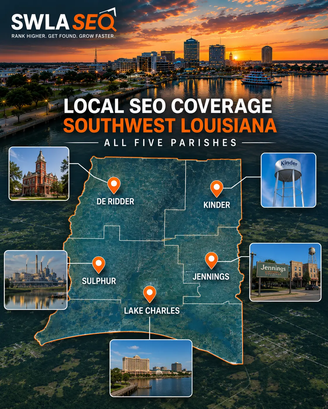 Southwest Louisiana local SEO coverage map all five parishes Lake Charles Sulphur Jennings DeRidder Kinder