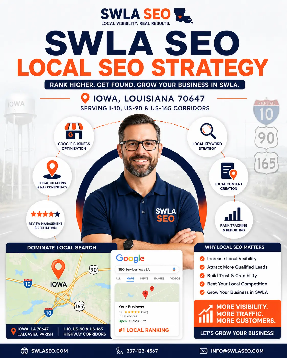 SWLA SEO local SEO strategy Iowa Louisiana I-10 US-90 US-165 highway intersection ZIP 70647